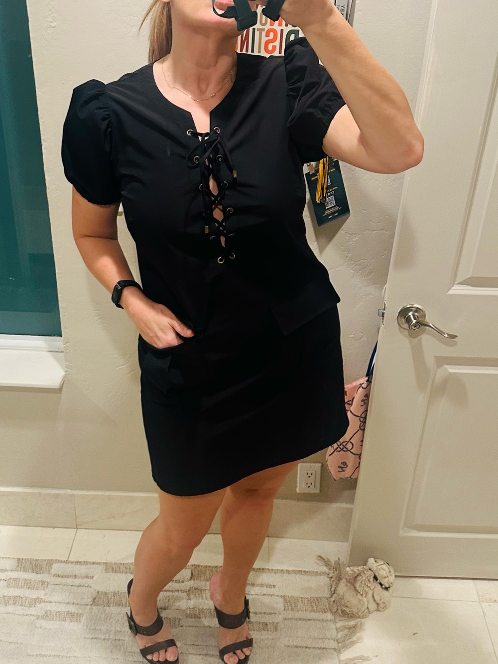 EUC LDT Rae Lace Up Split Round Neck Short Puff Sleeves Mini Dress Size 12